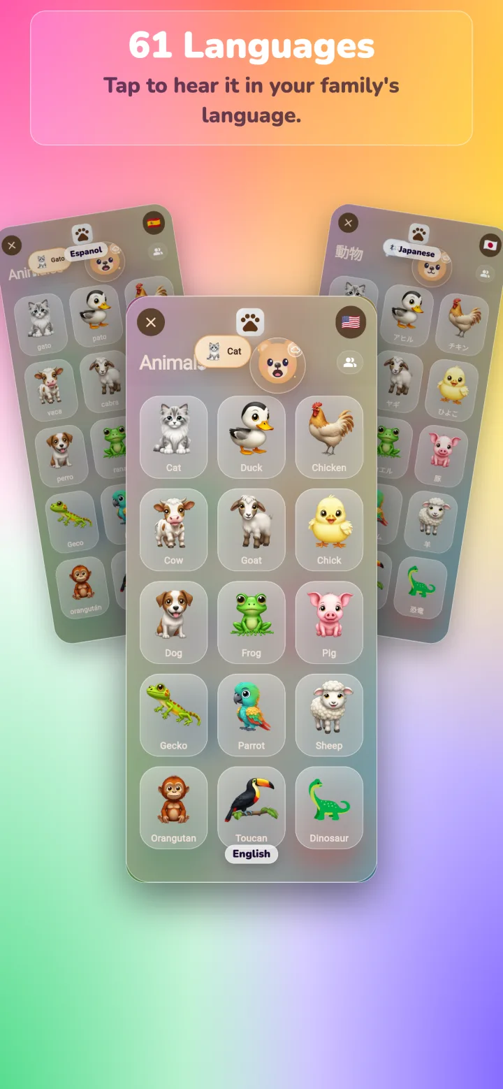 KiddOS language screen showing animal words in English, Spanish, and Japanese.